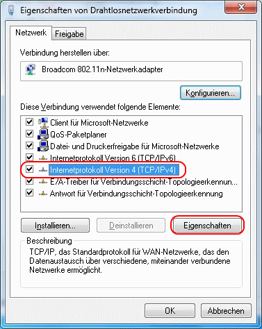 Windows 7 Eigenschaften von Drahtlosnetzwerkverbindung