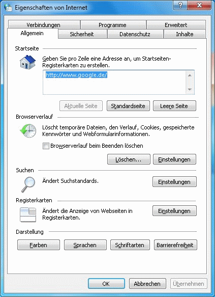 Windows 7 Eigenschaften von Internet
