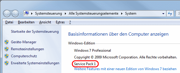 Windows 7 Service Pack in den Systemeigenschaften prüfen