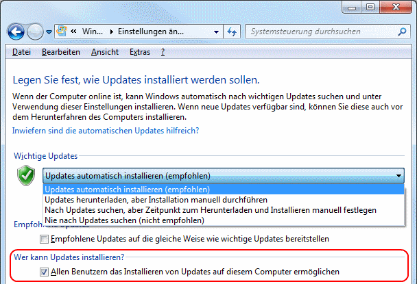 Windows 7 Update konfigurieren