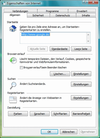 Windows Vista Eigenschaften von Internet Allgemein