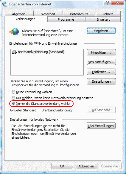 Windows Vista Eigenschaften von Internet Verbindungen 2