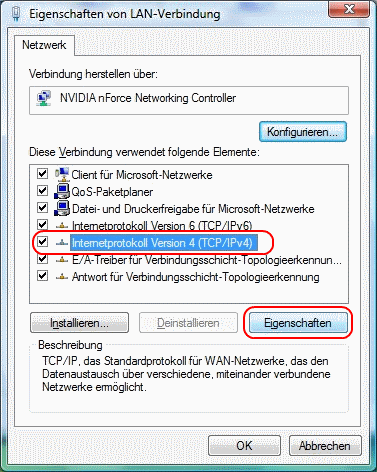 Windows Vista Eigenschaften von LAN-Verbindung