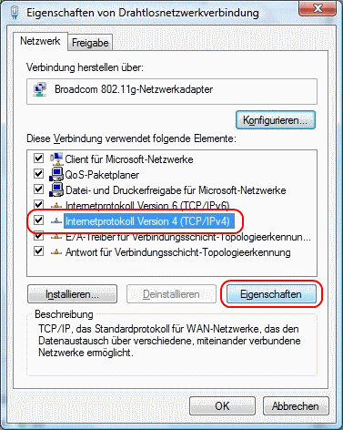Windows Vista Eigenschaften von Drahtlosnetzwerkverbindung