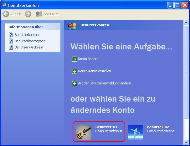 Windows XP Ansicht der Benutzerkonten als Computeradministrator