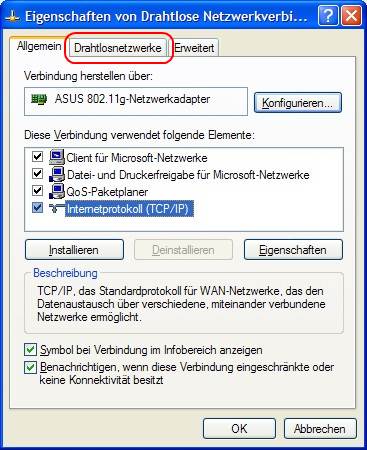 Windows XP Eigenschaften WLAN Allgemein