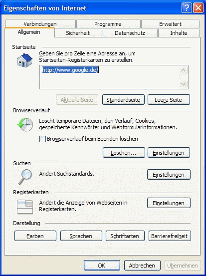 Windows XP Eigenschaften von Internet Allgemein