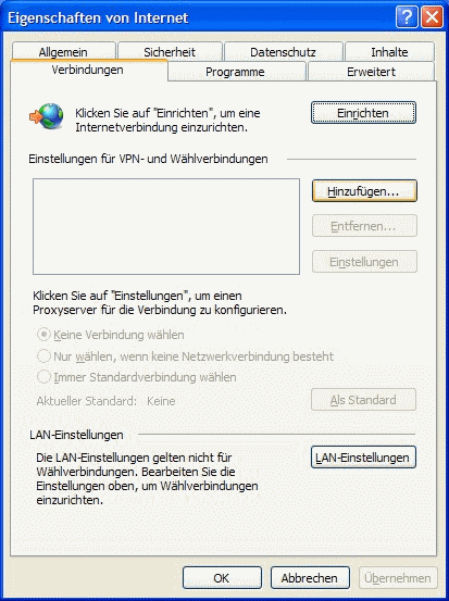 Windows XP Eigenschaften von Internet Verbindungen 1