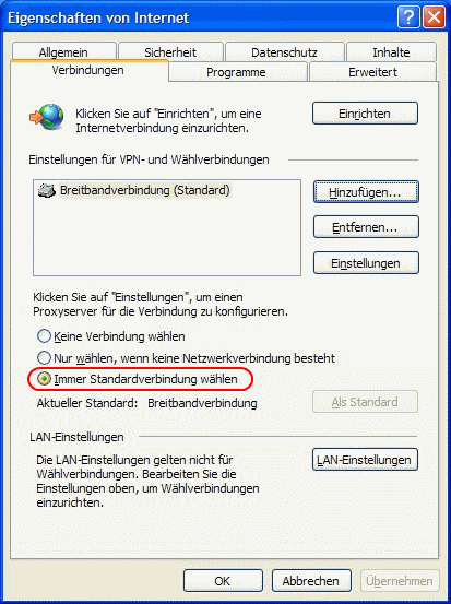 Windows XP Eigenschaften von Internet Verbindungen 2