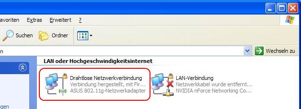 Windows XP Übersicht der Netzwerkverbindungen WLAN