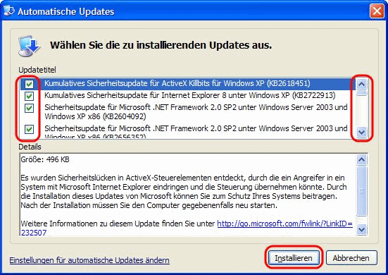 Windows XP Updates auswählen