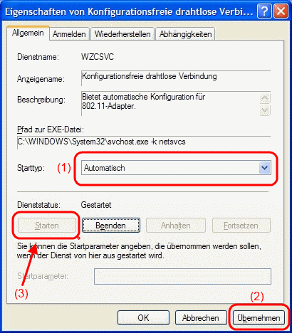 Windows XP Dienst für die konfigurationsfreie drahtlose Verbindung starten