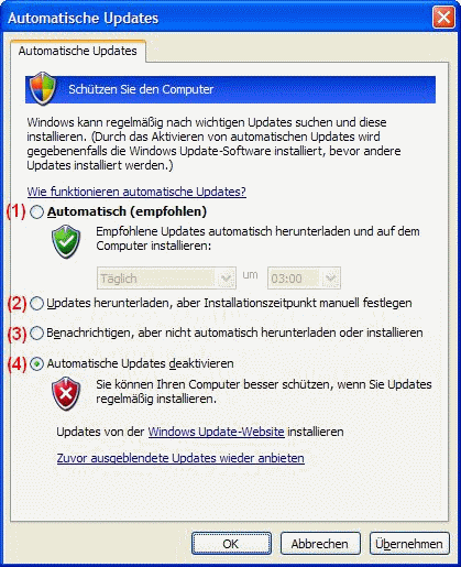 Windows XP automatische Updates konfigurieren