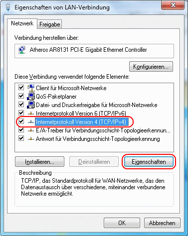 Windows 7 Eigenschaften der LAN-Verbindung