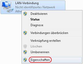 Windows 7 Eigenschaften der LAN-Verbindung anzeigen