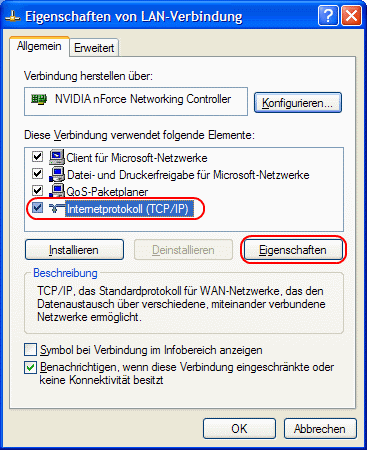 Windows XP Eigenschaften von LAN-Verbindung anzeigen