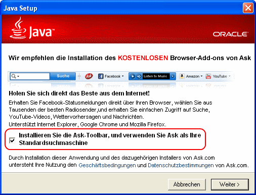 Java Setup mit Ask Toolbar