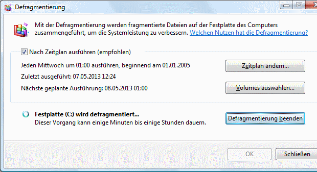Windows Vista Defragmentierung läuft