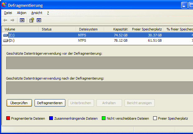 Windows XP Defragmentierung überprüfen