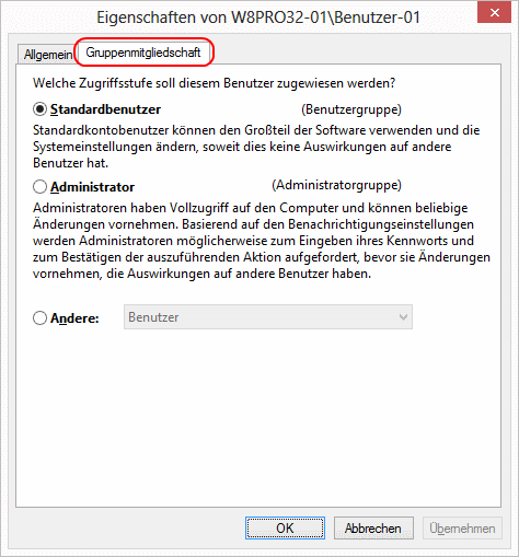 Windows 8 Benutzer Eigenschaften Gruppenmitgliedschaft