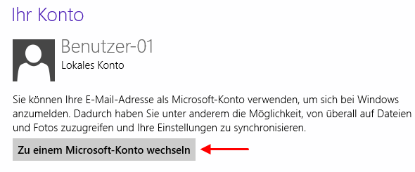 Windows 8 von einem lokalen Koto zu einem Microsoft-Konto wechseln
