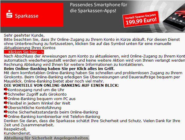 Spam: Sparkasse - Ihr Online-Zugang