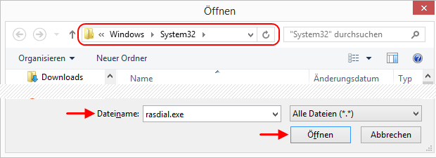 Windows 8.1 Aufgabe Breitbandverbindung automatisch herstellen Programm rasdial.exe