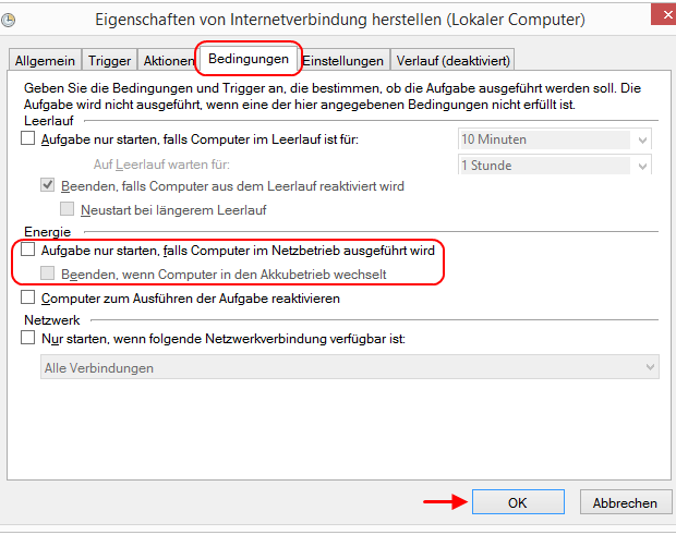 Windows 8.1 Eigenschaften Aufgabe Breitbandverbindung automatisch herstellen Bedingungen