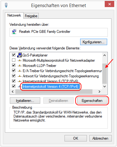 Windows 8.1 Eigenschaften von Ethernet