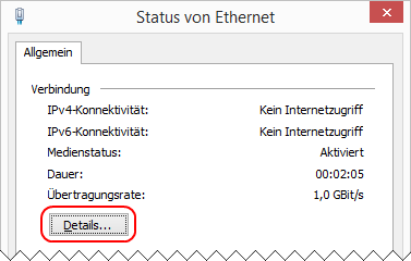 Windows 8.1 Status von Ethernet: Details aufrufen