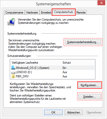 Windows 8.1 Systemeigenschaften Computerschutz konfigurieren