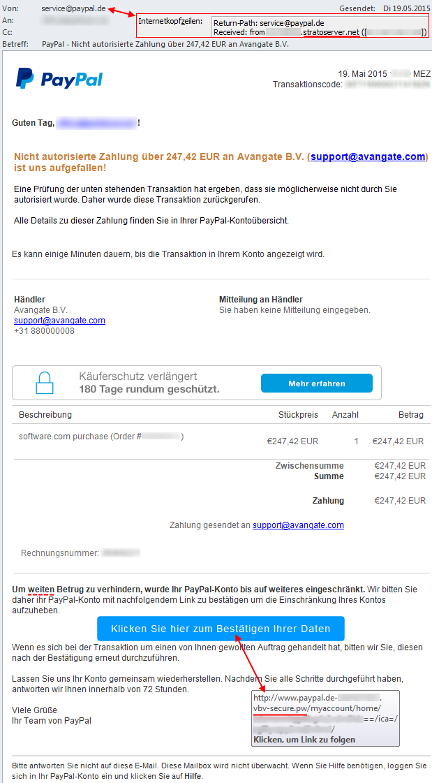 Phishing E-Mail: PayPal - Nicht autorisierte Zahlung