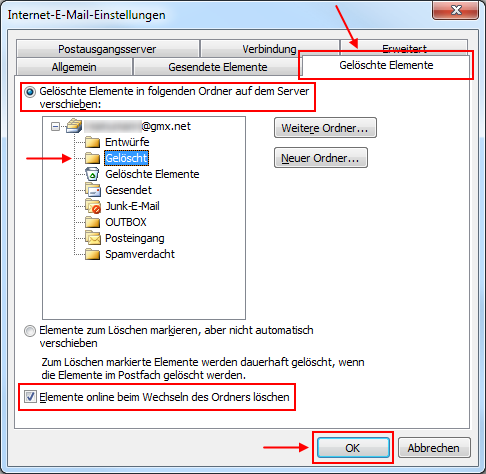 Outlook 2010 Gelöschte Elemente in GMX IMAP-Ordner Gelöscht ablegen