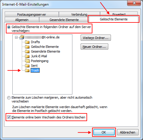 Outlook 2010 Gelöschte Elemente in T-Online IMAP-Ordner "Trash" ablegen