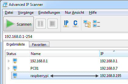 Mit Advanced IP Scanner Raspberry IP ermitteln
